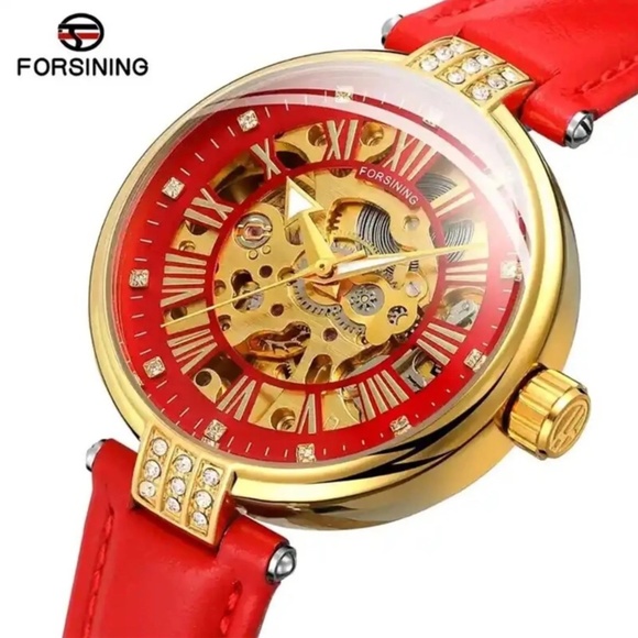 Forsining Womens Automatic Transparent Skeleton RED Leather Band Ladies Watch main image 4